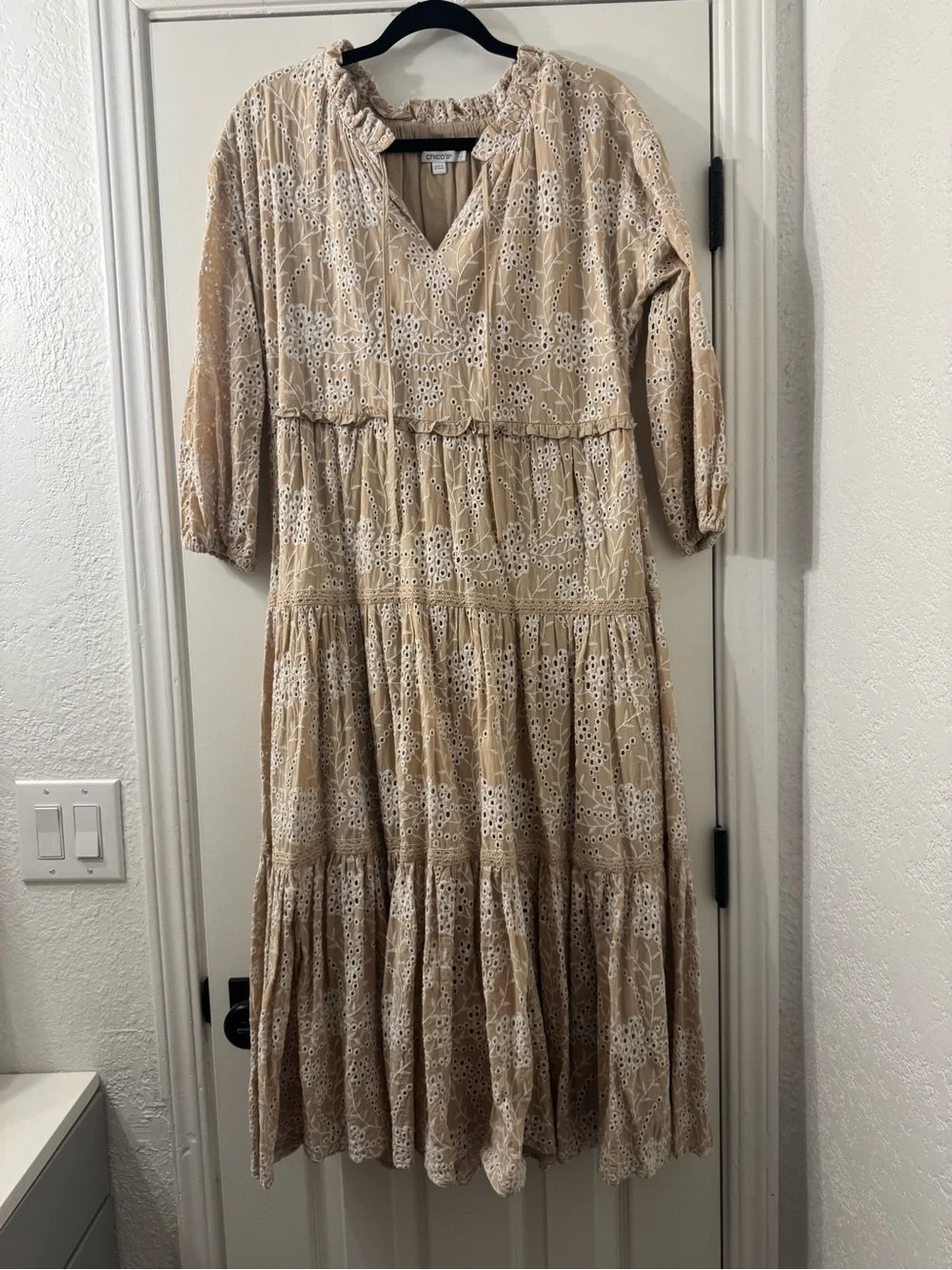 Chico's Beige Eyelet Tiered Midi Dress